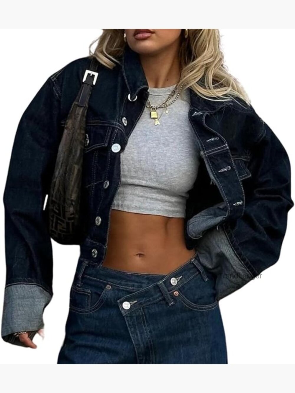 Cropped Denim Jacket Button Up Long Sleeve Turn-Up Cuff Jean Jacket Coat
